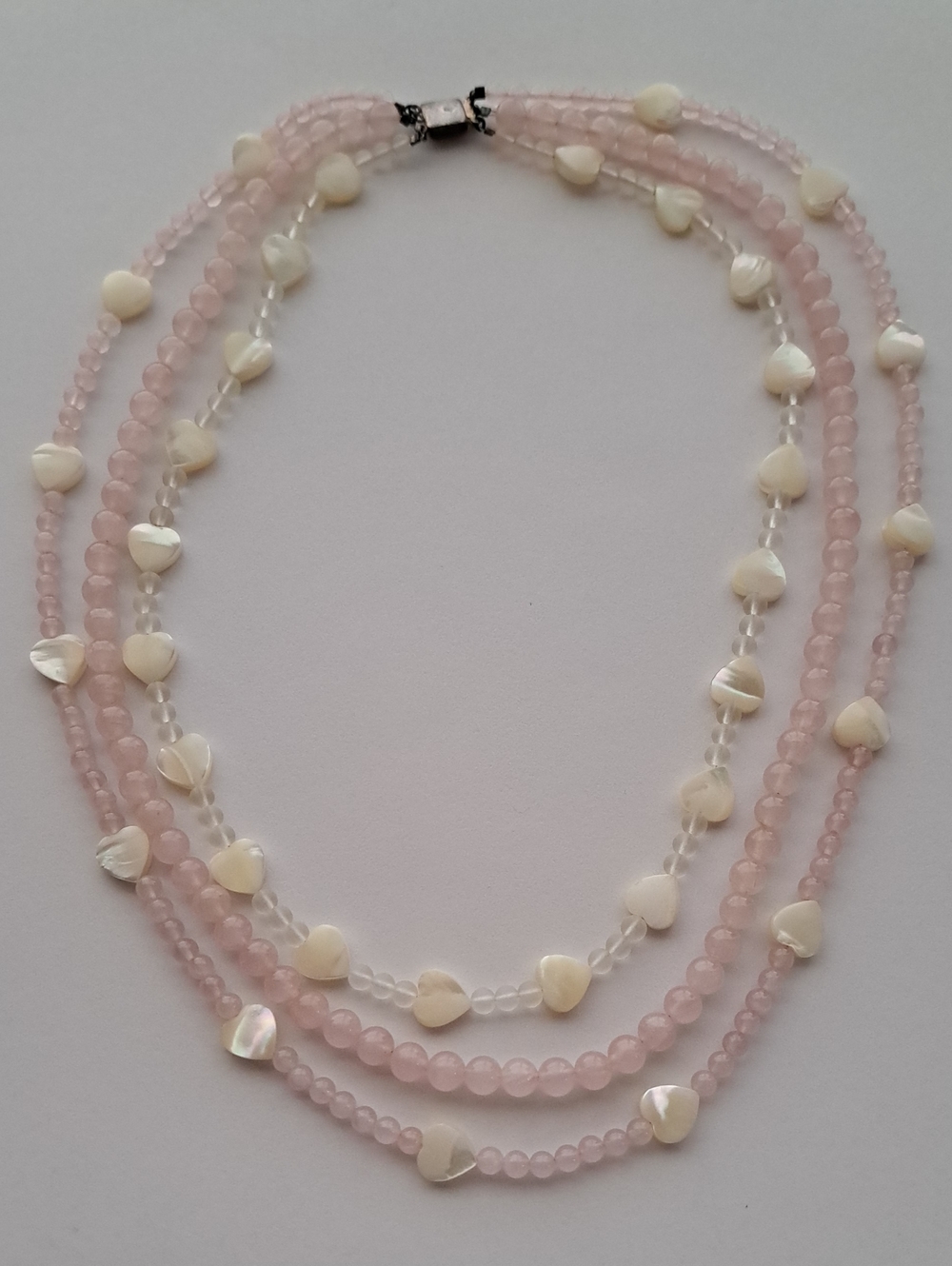 Multi-Strand Pink Bead and Pearl Heart Necklace